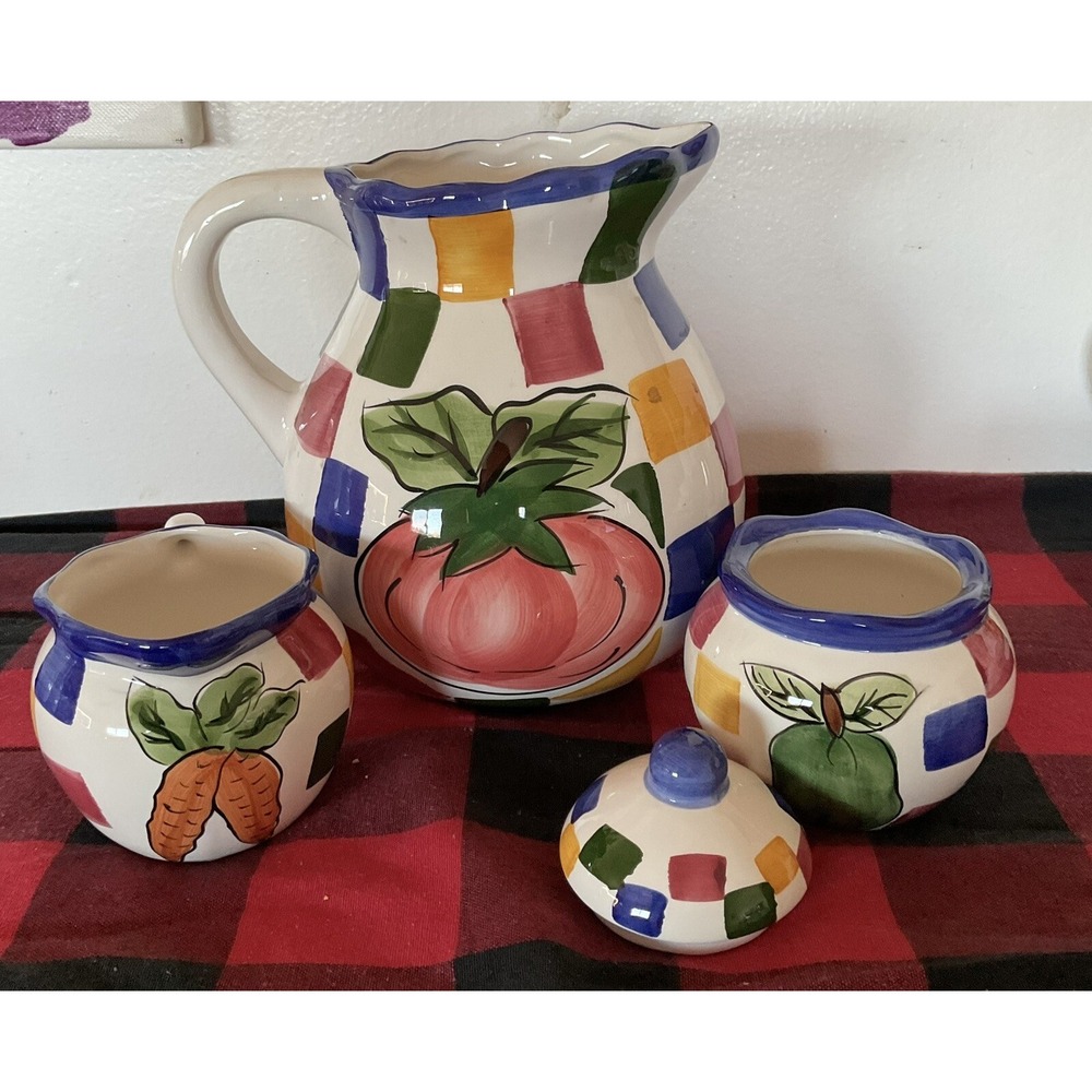 Vintage VERDURA Hand Painted Collection "Garden" Pitcher,‎ Cream, & Sugar 1995 - Picture 4 of 8